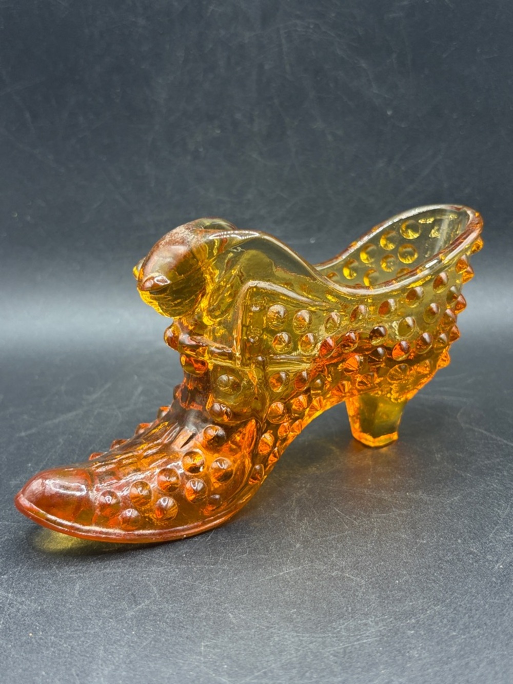 Fenton Amber Hobnail Cat Head Glass Shoe Boot Collectible Cottagecore Decor